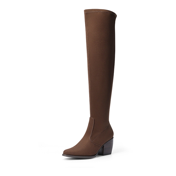 Pointed Toe Thigh High Boots - DARK BROWN SUEDE -  0